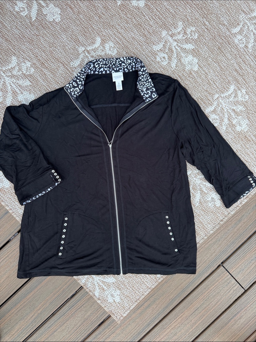 Chico's Black Zip Jacket with Leopard-Print Collar